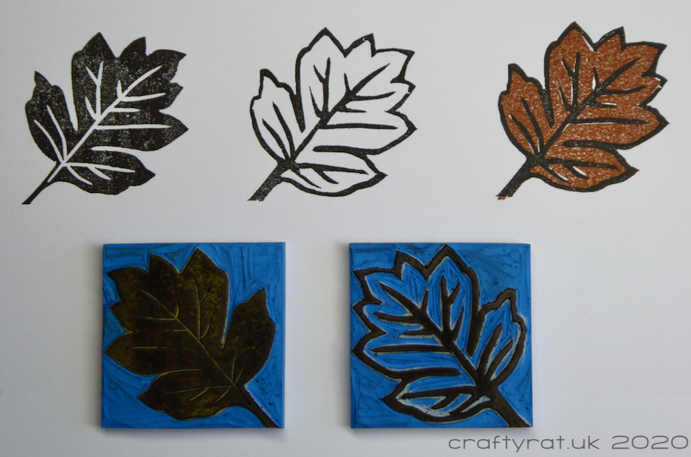 The two carved leaf stamps with prints of each individual stamp and a print of the two combined.
