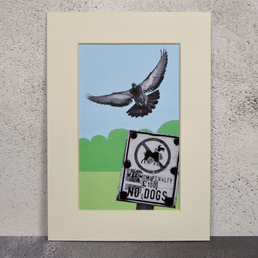 A small collage of an English recreation ground with a "no dogs" sign and a flying pigeon.